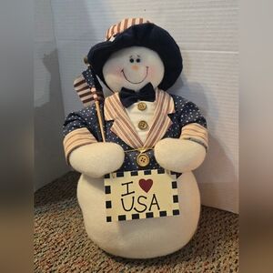 Stuffed Weighted Plush Snowman American Flag Hat Suit 4th Of July I ♡ USA 16.5"